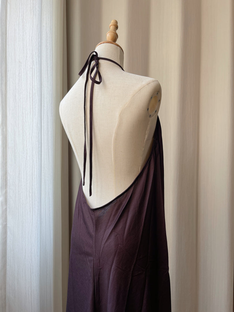 Brown Deep V Halter Backless Mini Dress Beach N6F261