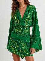 Load image into Gallery viewer, Green Paisley V-Neck Bell Sleeve Dress N6F258