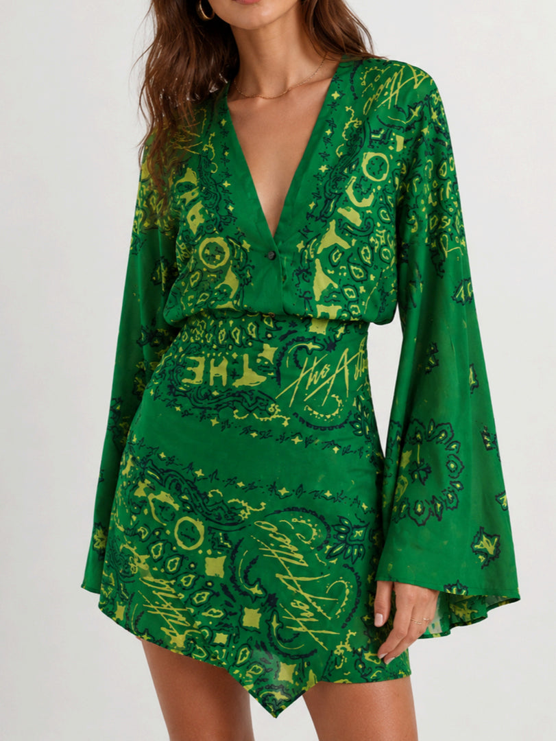 Green Paisley V-Neck Bell Sleeve Dress N6F258