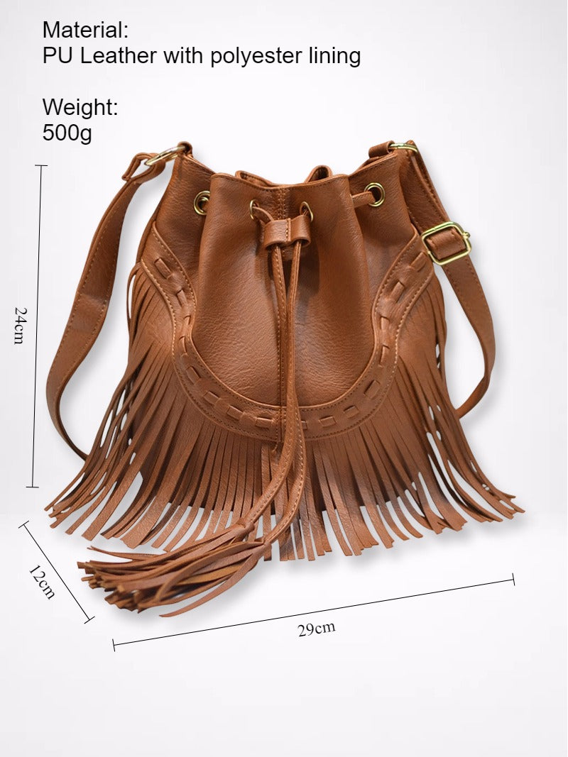 Handmade Fringe Drawstring Bucket Bag Women N6C220