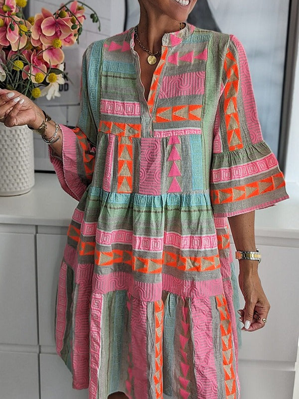Printed V-Neck 3/4 Sleeve Dress Women N6D069