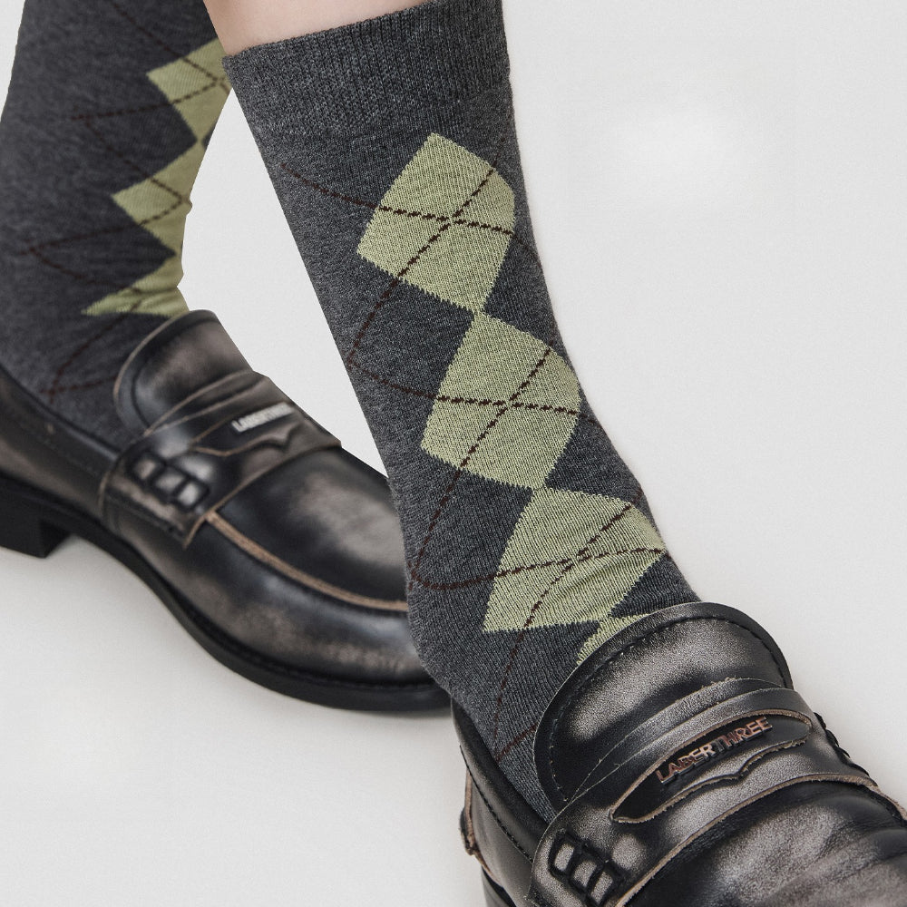 Color Block Seamless Diamond Retro Mid-Calf Socks White N6H019