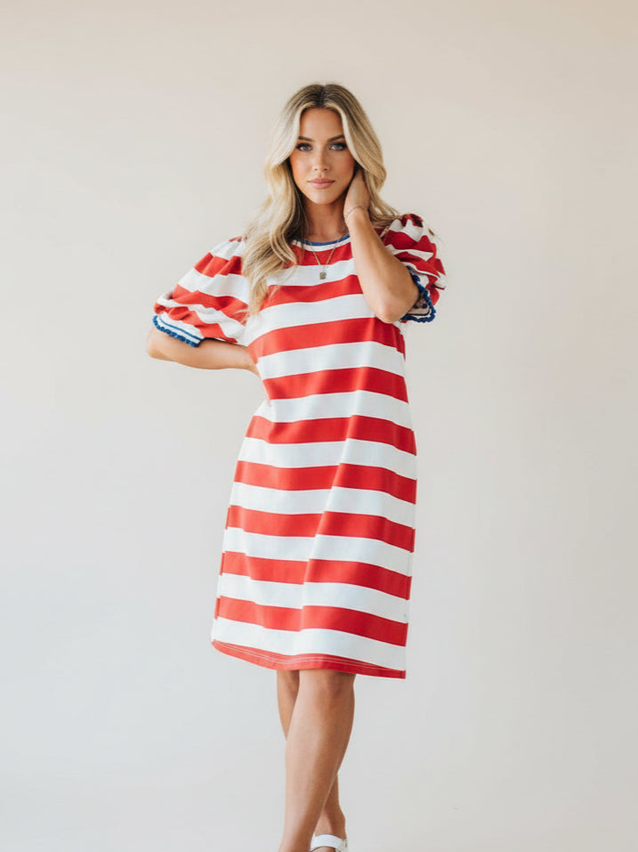 Striped Bubble Sleeve T-shirt Dress Women N6C327