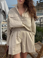 Load image into Gallery viewer, Cotton Shirt Short Set Lightweight Khaki N5Z840
