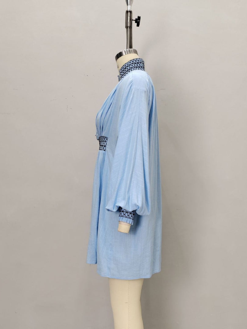V-Neck Pleated Shirtdress Women Blue N6D142