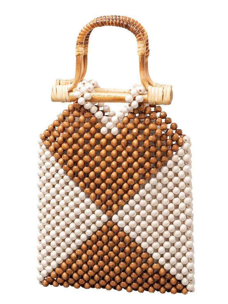 Color Block Wooden Bead Handwoven Tote Bag N6C308