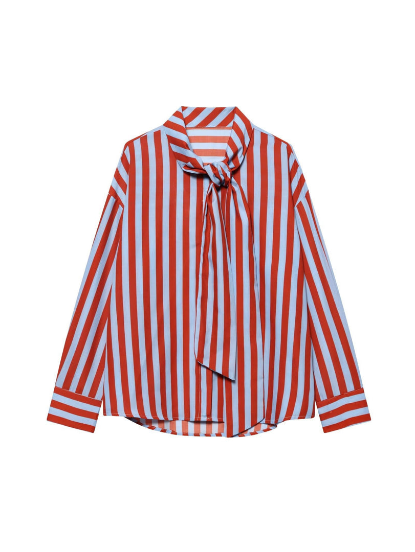 Bow Tie Striped Long Sleeve Shirt Women N6C108