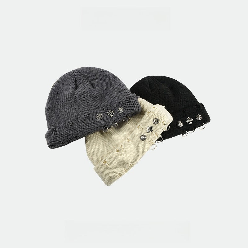 Vintage Cross Ring Hole Knit Beanie Women N6H216