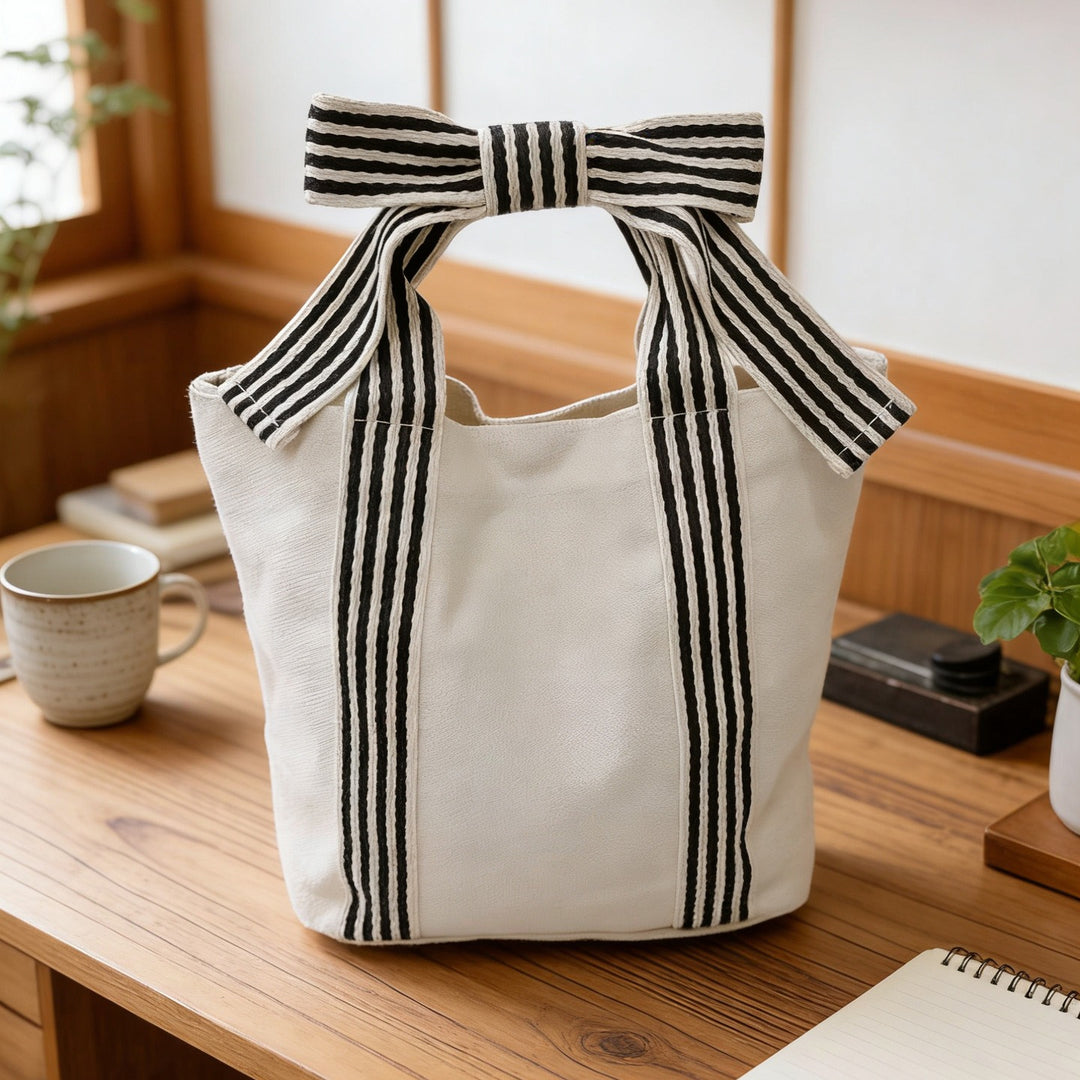 Bow Canvas Handbag Women Dark Academia Shoulder Tote N6F103