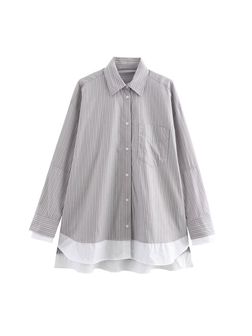 Striped Spliced Shirt Open Front Casual N6C093