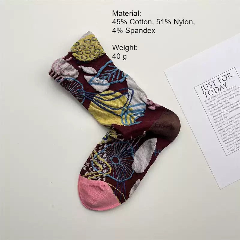 3D Floral Embossed Seamless Mid-Calf Socks Women N6H010