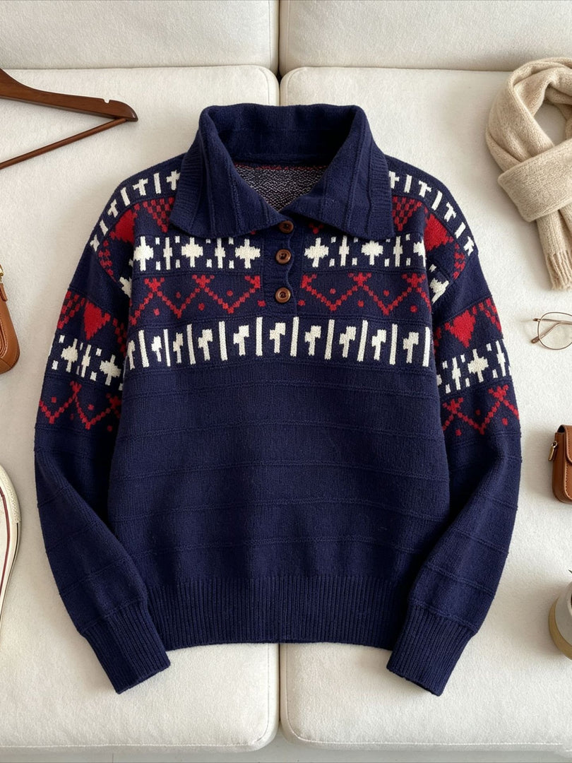 Fair Isle Polo Half Zip Knit Sweater Women Commuter N6H283