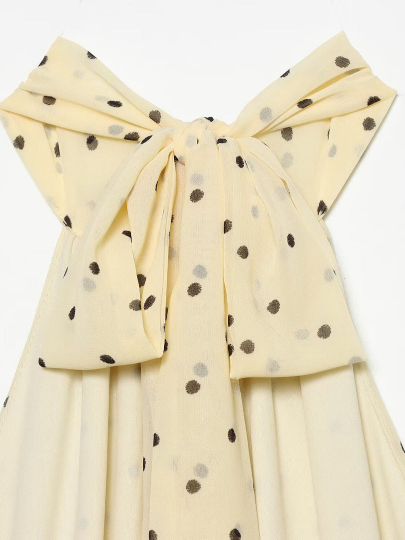 Yellow Polka Dot Chiffon Halter Dress Backless N6F198