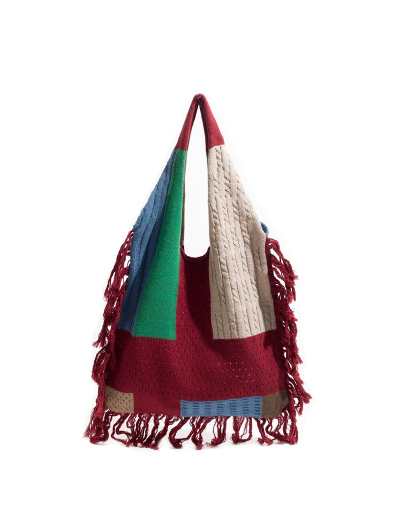 Crochet Fringe Color Block Tote Bag Women N6C046