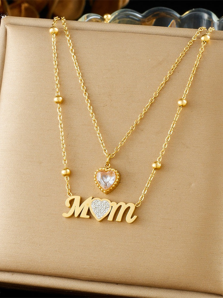 MOM Heart Zircon Layering Necklace Women N6D507