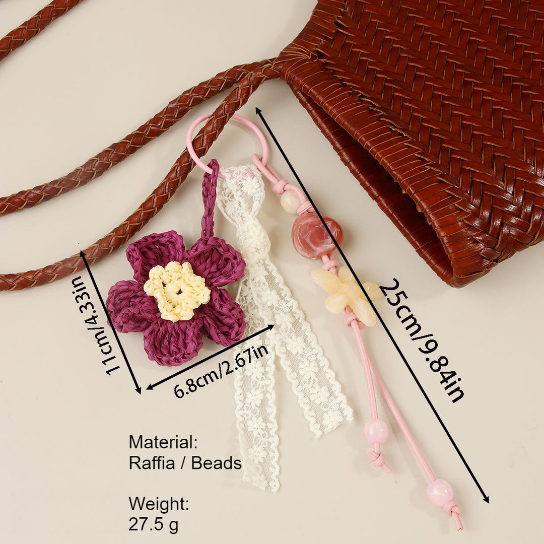 Raffia Double Flower Beaded Bag Charm Keychain N6G067