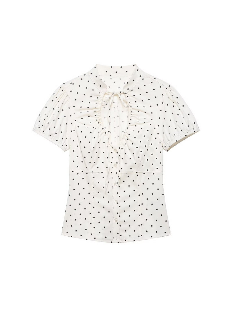 Polka Dot Tie Waist Short Sleeve Shirt Women N6E149