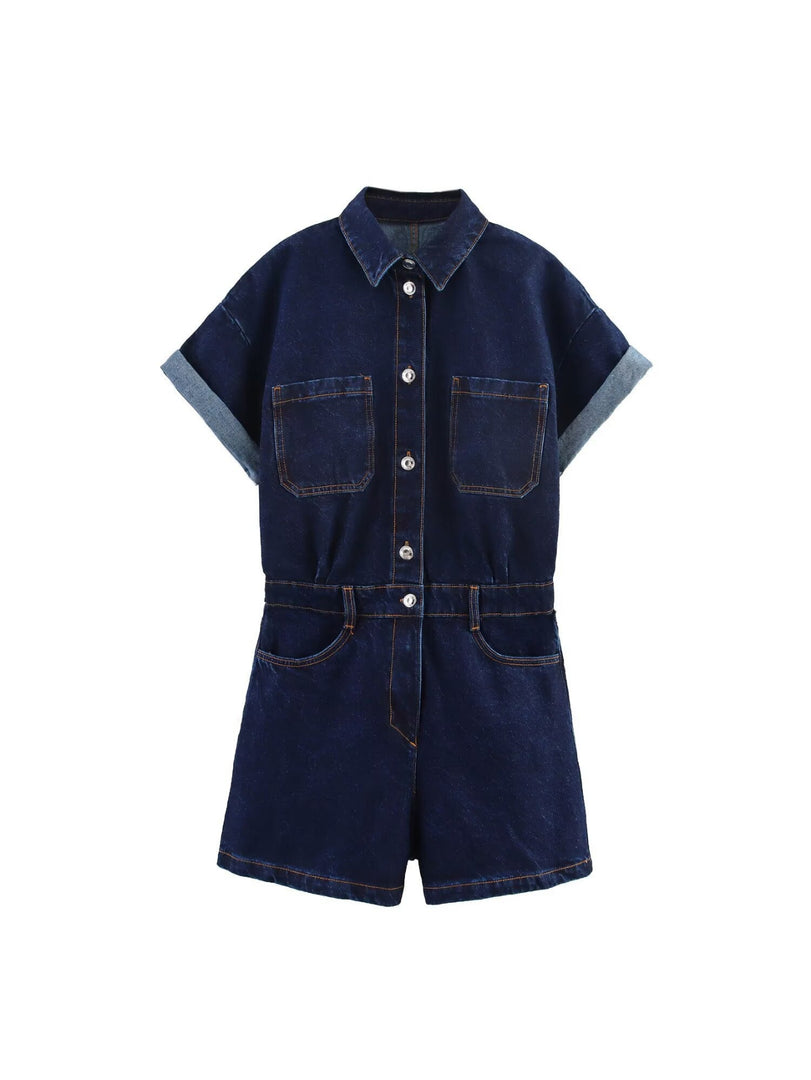 Pocket Detail Denim Short Jumpsuit Women Casual N6F213
