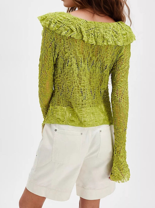 Lace V Neck Ruffle Knit Shirt Women N5A061