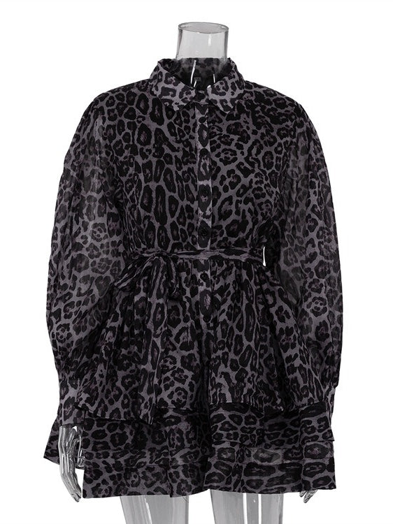 Leopard Print Chiffon Dress with Lapel and Puff Sleeve N6C192