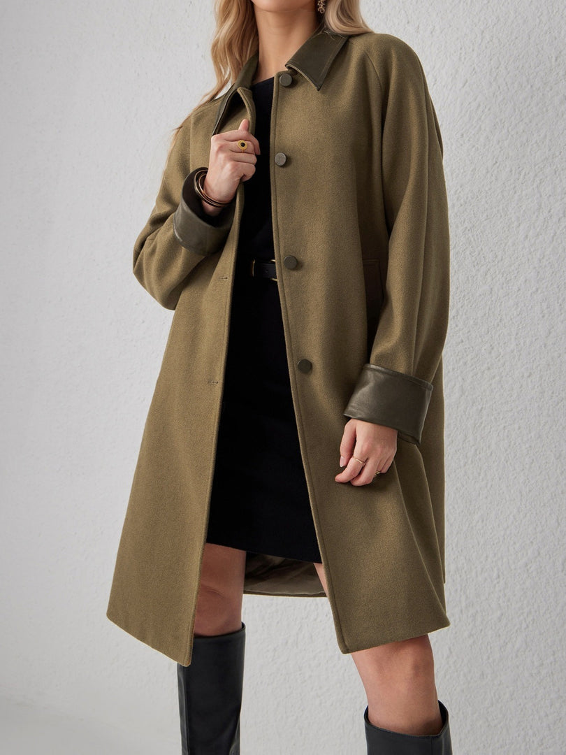 Elegant Contrast Trim Notch Lapel Medium Coat Women N6H041