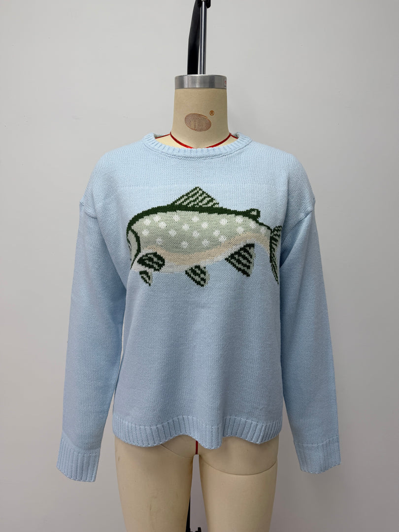 Printed Round Neck Loose Knit Pullover Sweater Women N6H301