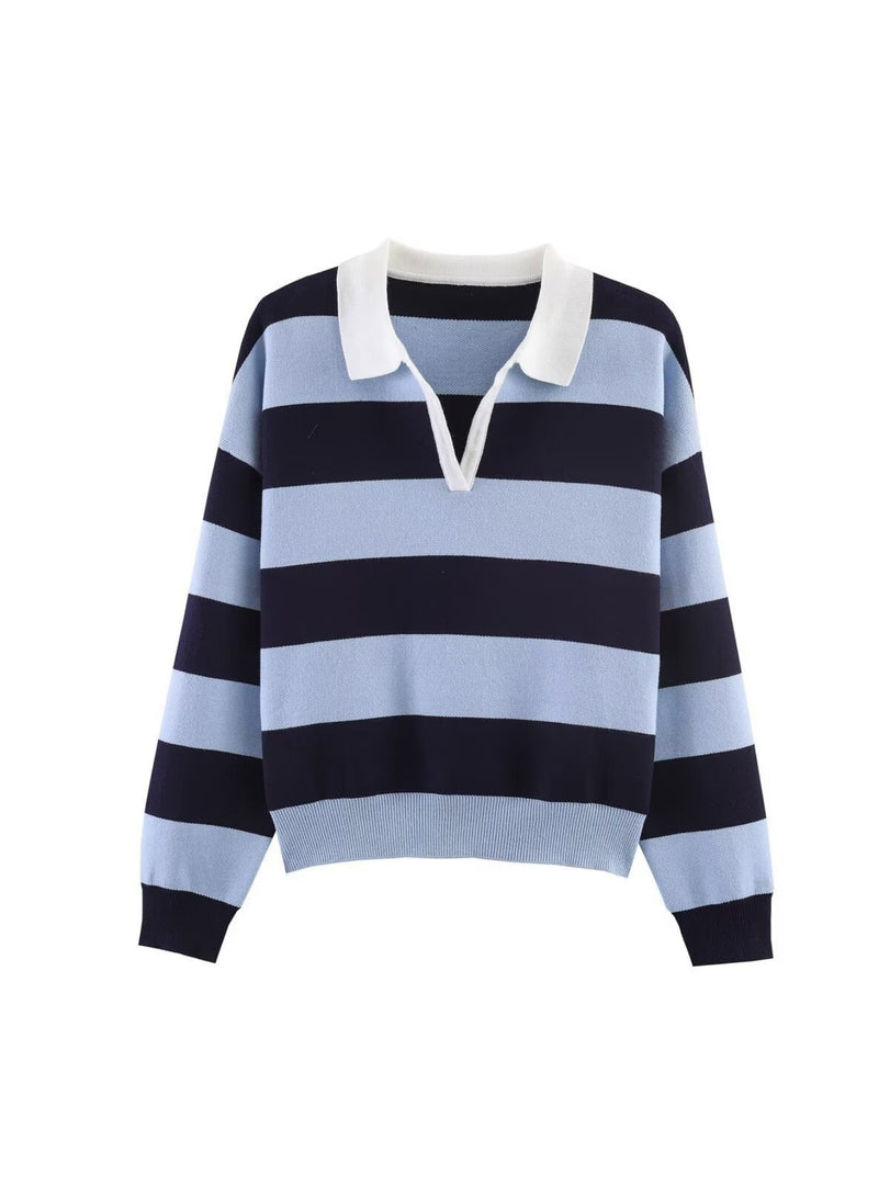 Simple Striped Polo Collar Knit Pullover Women N6G172