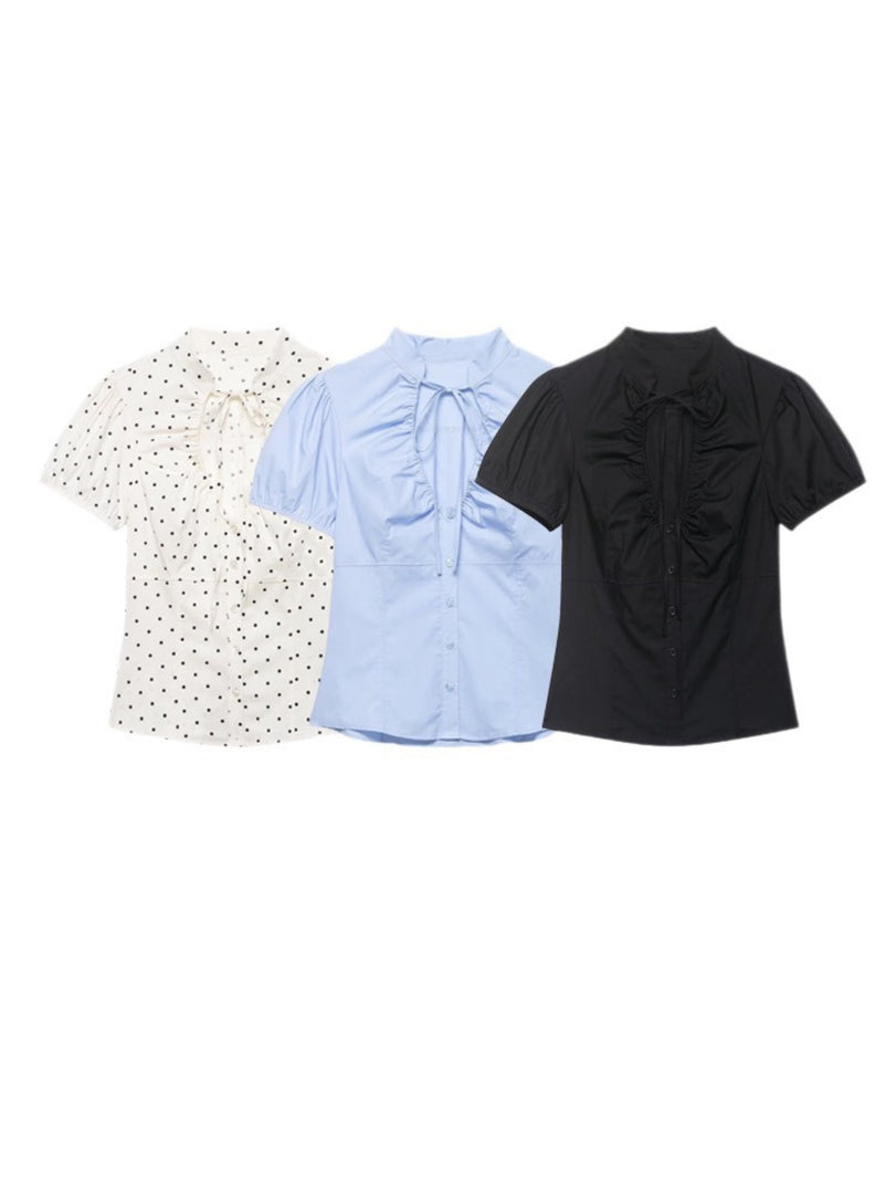Polka Dot Tie Waist Short Sleeve Shirt Women N6E149