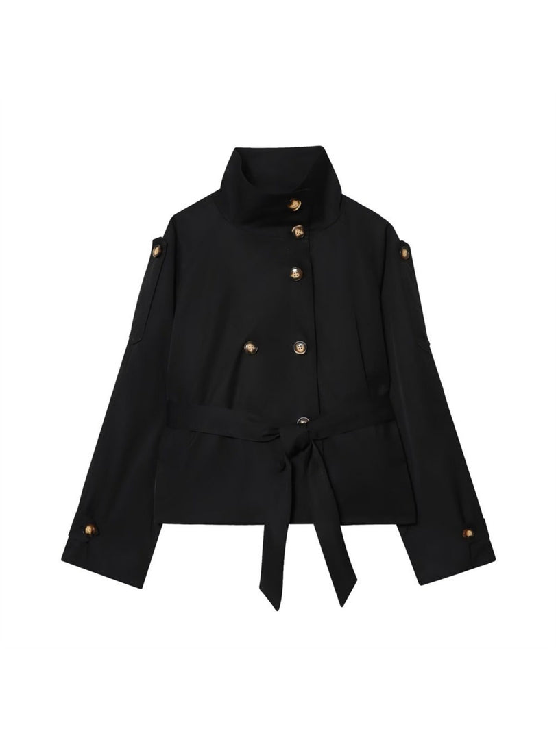 Solid Stand Collar Belted Jacket Women Long Sleeve N6G165