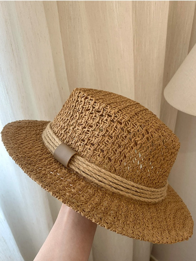 Openweave Flat Top Straw Hat French Retro Vacation N6C370