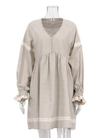 Load image into Gallery viewer, French V neck Lantern Sleeve Linen Blend Dress Women N6C208