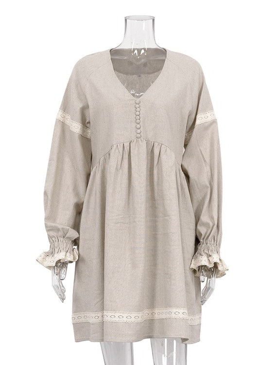 French V neck Lantern Sleeve Linen Blend Dress Women N6C208