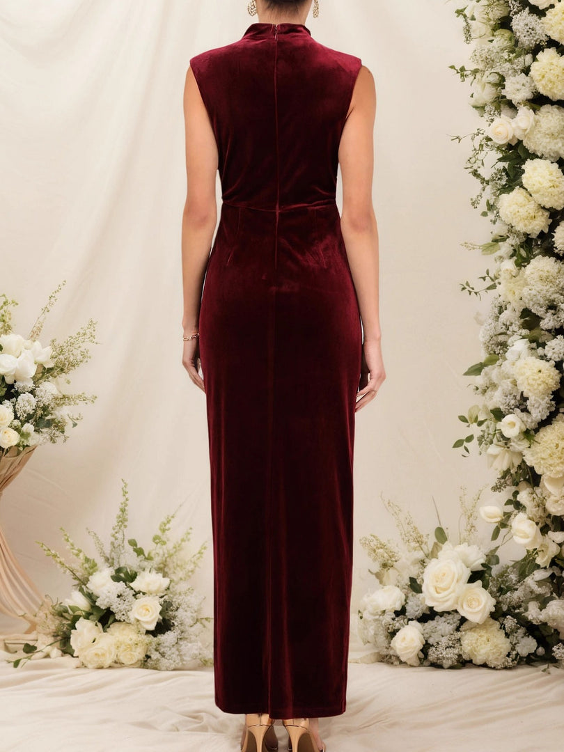 Sleeveless Velvet Evening Gown Women Wine Red N5A459