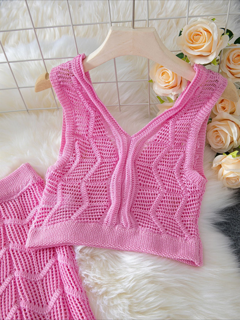 Pink Crop Halter Top and Slit Skirt Set Women N6C294