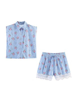 Load image into Gallery viewer, Blue Floral Notched Collar Sleeveless Blouse Shorts  N6F211
