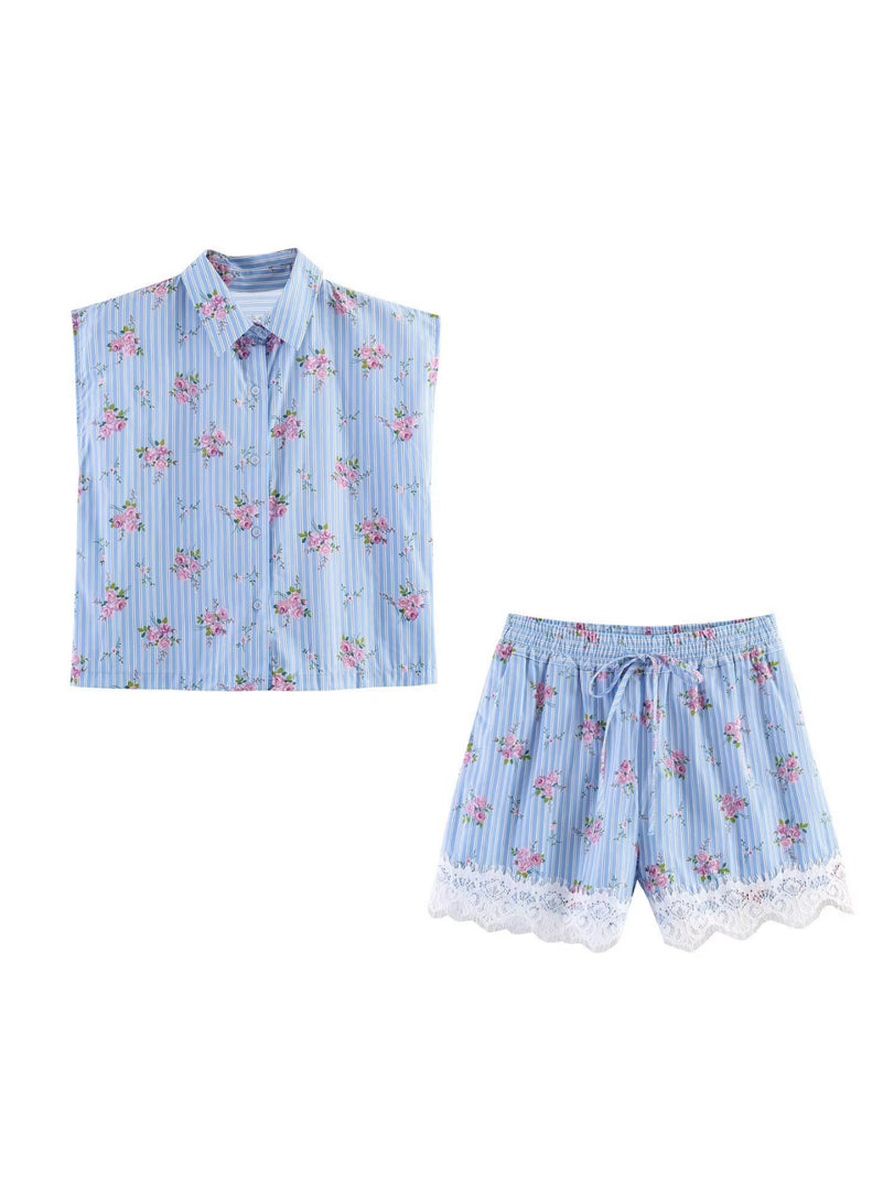 Blue Floral Notched Collar Sleeveless Blouse Shorts  N6F211