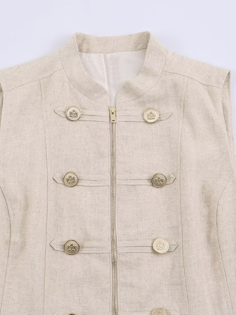 Sleeveless Stand Collar Knot Zip Vest Shorts Set N6F202