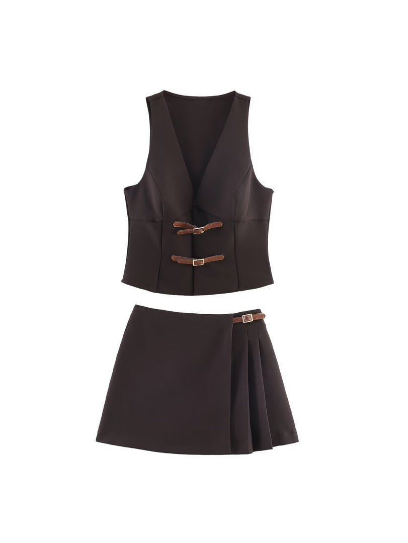Strapless V neck Color Block Buckle Bra Top Skirt Set N6C274