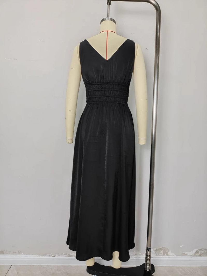Black Deep V Spaghetti Strap Maxi Dress Women N6F221