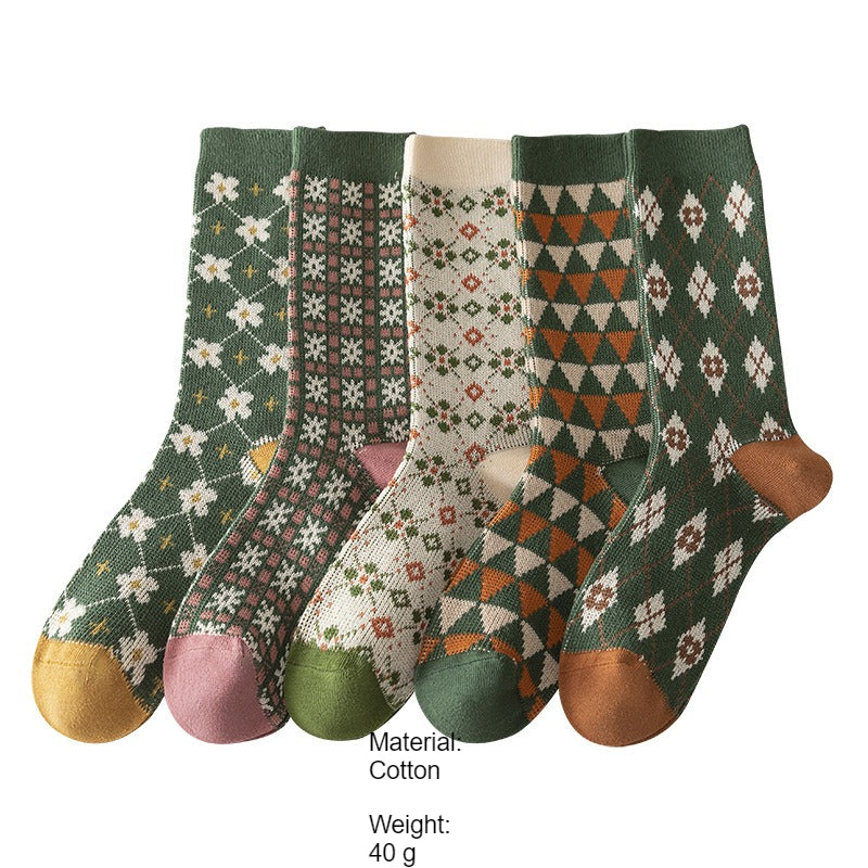Double Needle Knit Mid-Calf Socks Women Cotton N6H022
