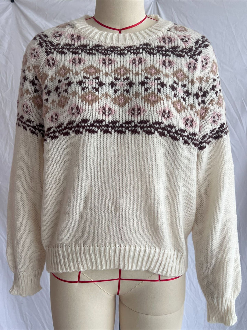 Oversized Drop Shoulder Retro Jacquard Knit Pullover N6G138