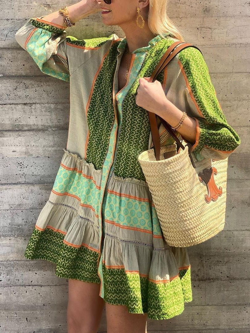 Printed Linen Blend Flounce Sleeve Short Dress Women N6D056