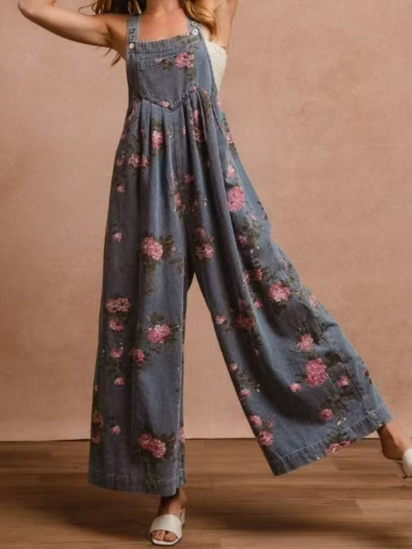 Floral Print Denim Overalls Women Sleeveless Jumpsuit N5A107