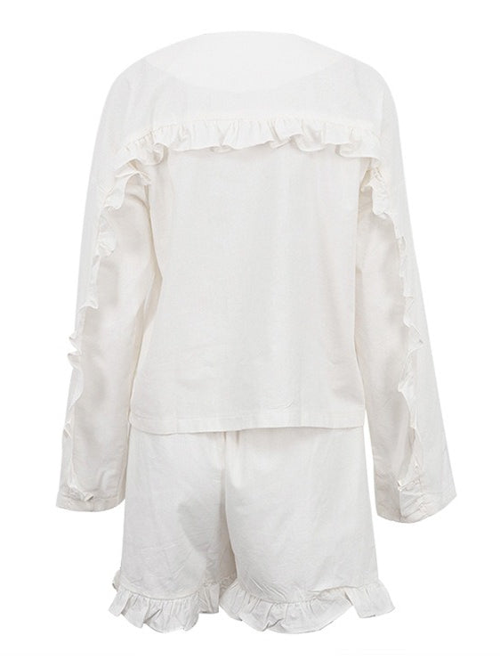 Long Sleeve Ruffle Sleeve Shirt High Waist Shorts Set N6D108