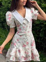 Load image into Gallery viewer, French V-neck Puff Sleeve Print Dress Women N6D072