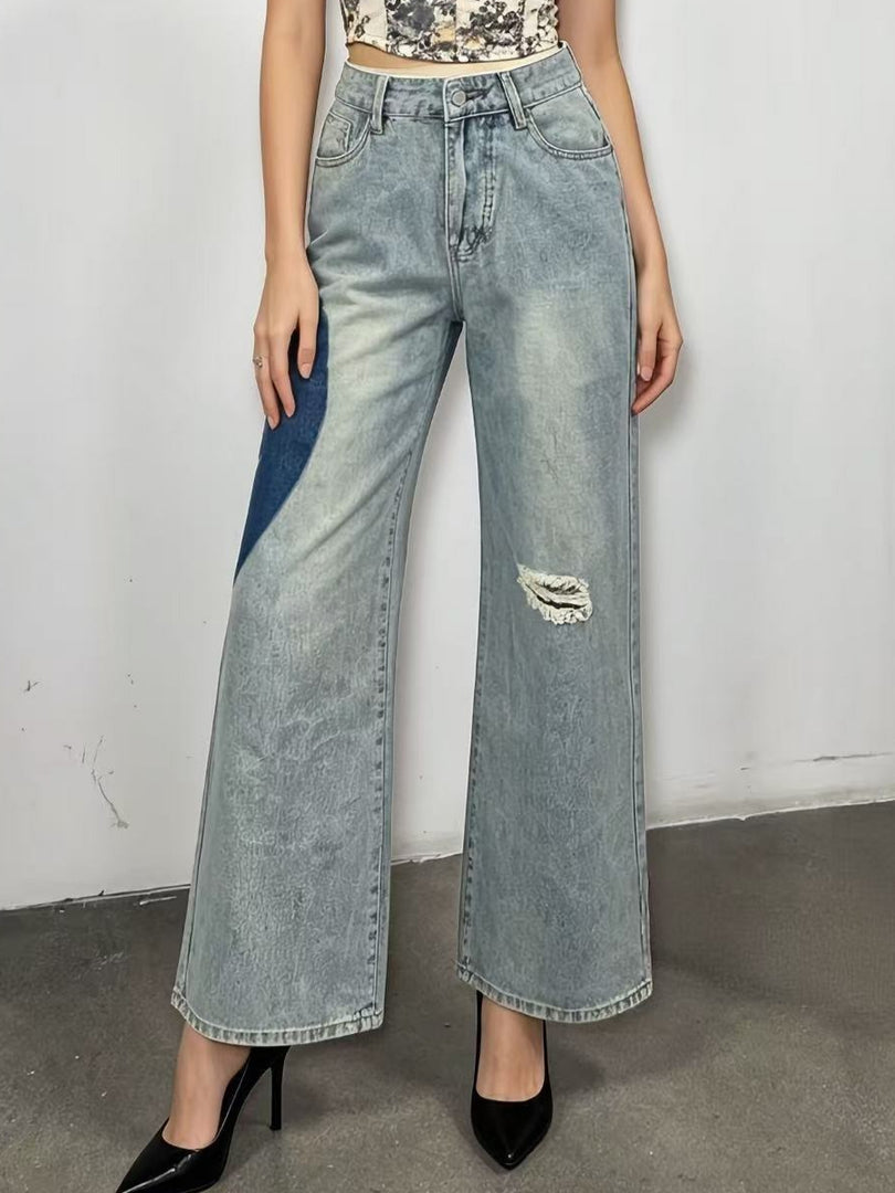 Patchwork Heart Detail Straight Leg Denim Jeans Women N6D163