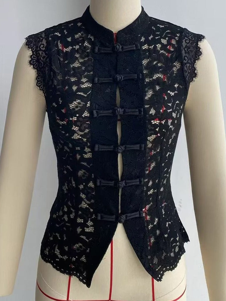Lace Cutout Chinese Knot Round Neck Sleeveless Top N6F204