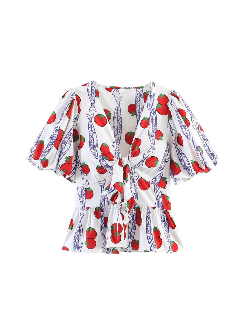 Bow Detail Print Short Sleeve Shorts Set N6F203