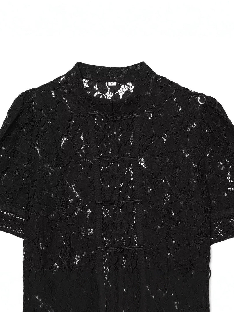 Lace Crochet Stand Collar Short Sleeve Blouse Women N6F205