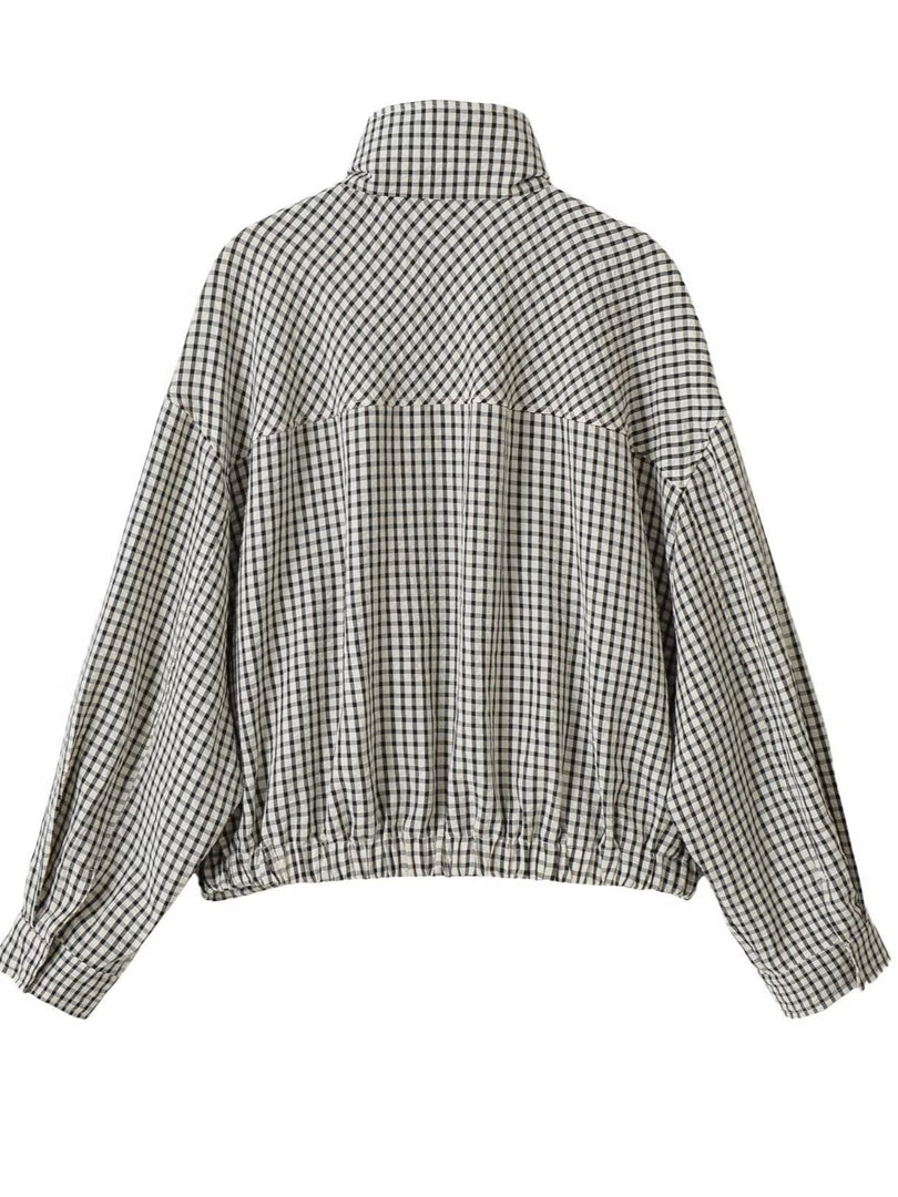 Loose Zip Stand Collar Plaid Bomber Jacket Women N6G154